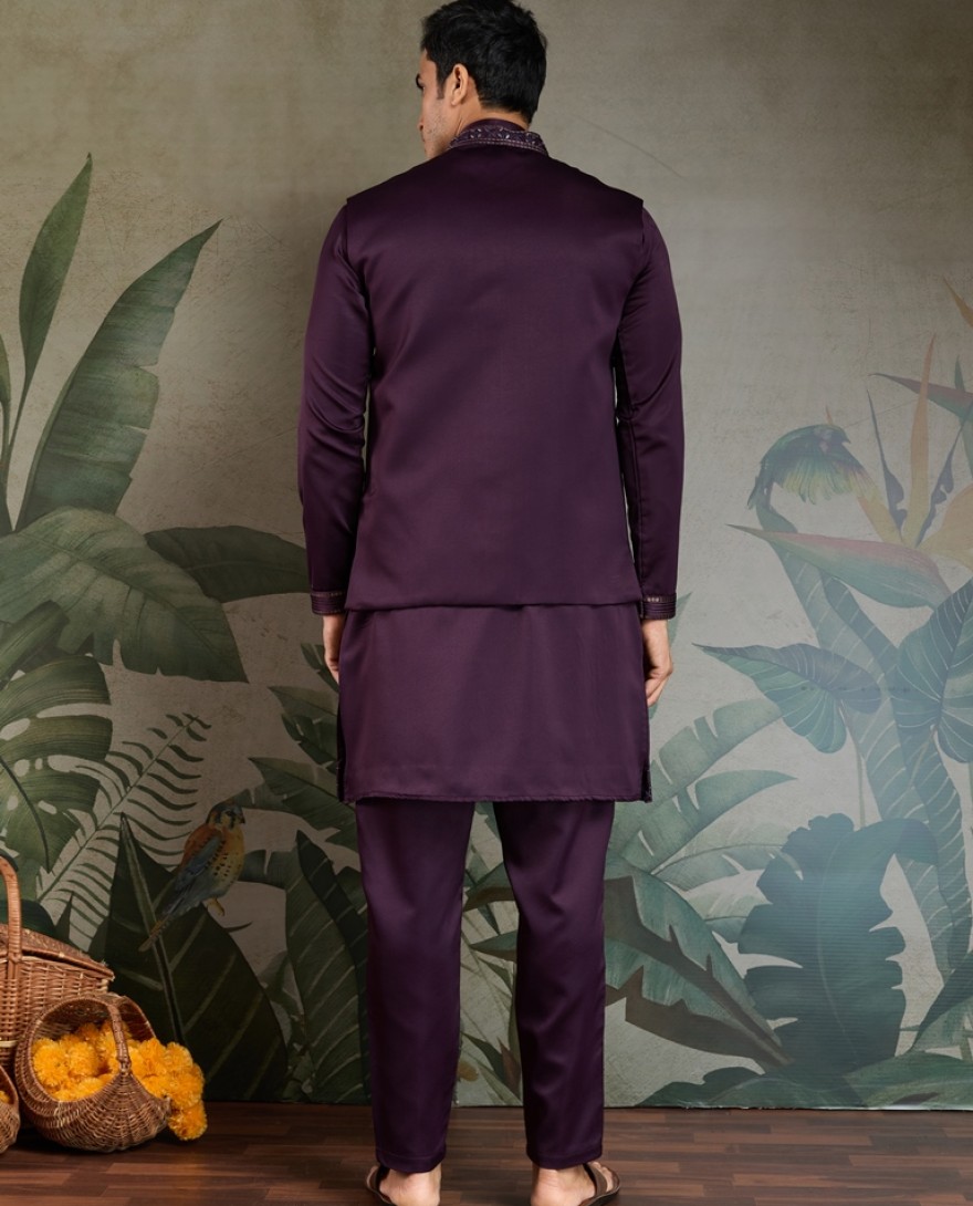 61105-PURPLE - Royal Plum Embroidered Kurta Set for Men